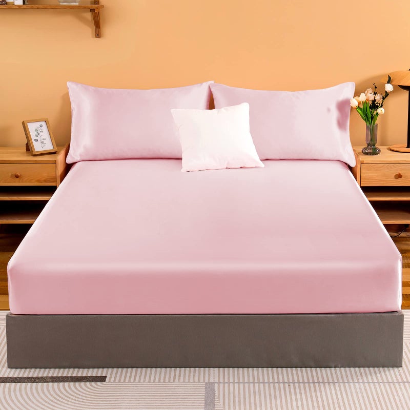 NSGZ Pink Satin Fitted Sheet Only  Silky Full Fitted Bed Sheet Soft Deep Pocket Single Bottom Bed Sheets  Wrinkle Free & Fade Resistant & Breathable Bedding Fitted Sheet Sold Separately - Image 2